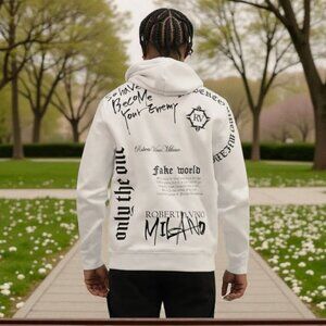 Robert Vino Milano “Fake World” White Graphic Print Pullover Hoodie Size S